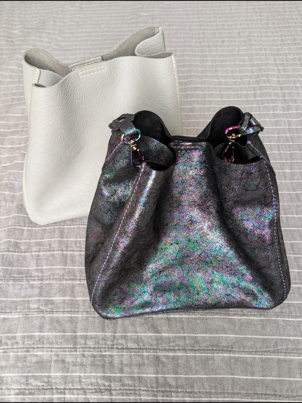Rare Unique Iridescent Black Pink Green Butterfly Bucket Tote with Braided Strap - Picture 10 of 12